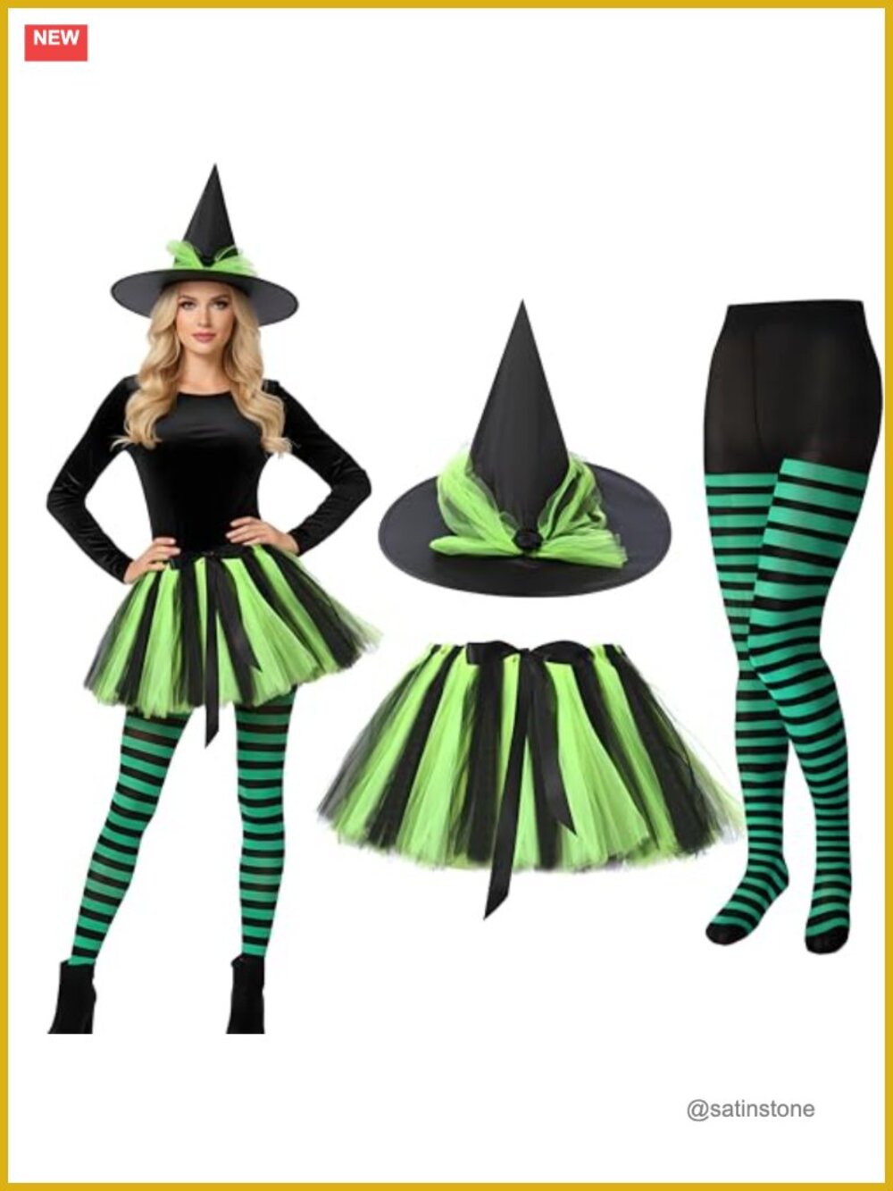Witch Costume Set Tutu Skirt Hat Striped Tights Halloween
